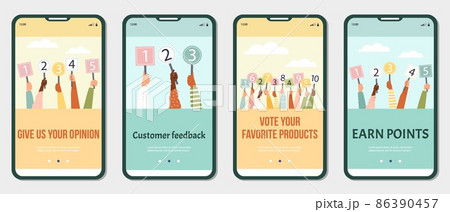 Customers feedback and opinion mobile onboarding page flat vector illustration. 86390457