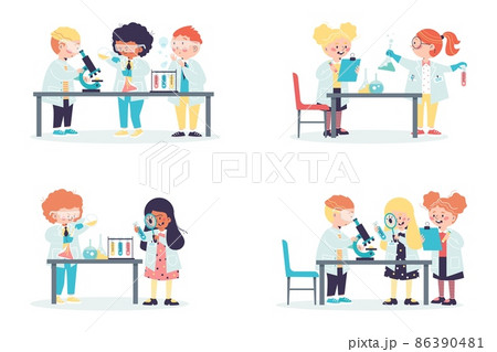 Smart kids do chemical experiments in science lab in flat vector illustration 86390481