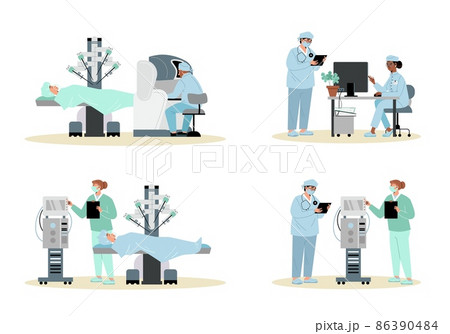 Robotic surgery set with medical staff characters vector illustration isolated. 86390484