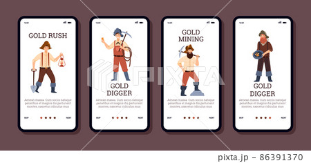 Set of UI designs for vintage gold mining industry - flat vector illustration on white. 86391370
