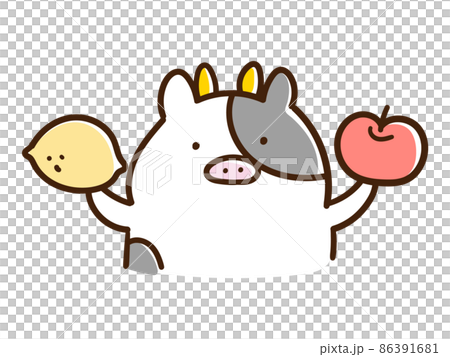 一個帶水果的可愛奶牛角色的手寫風格插圖 86391681