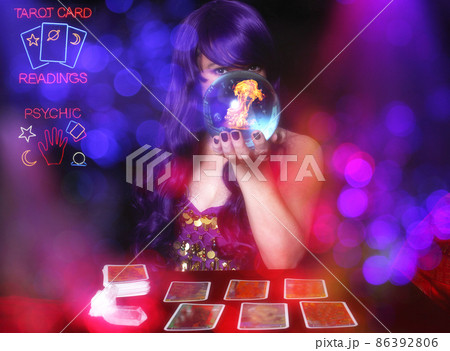 Psychic Tarot Card Reader With Neon Signs 86392806