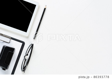 Top view of well organized home office workplace 86393778