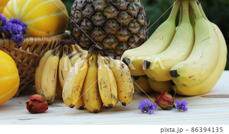 Fresh Fruit and Vegetables for Sale at Farmers Market Bananas and Miniature Bananas 86394135