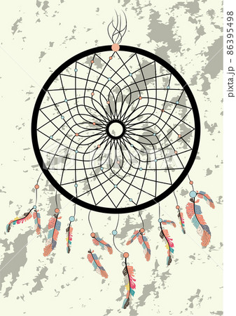 Native american indian dream catcher traditional symbol. Bright card card with colored feathers and beads. 86395498