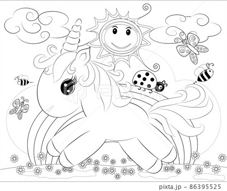 Coloring pages. Little cute pony and rainbow. Coloring pages. Little cute pony and rainbow. 86395525