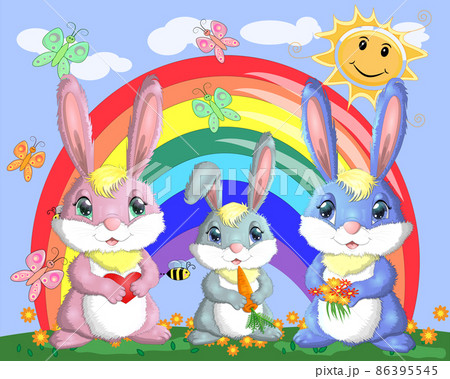 A family of three bunnies in the meadow near the rainbow. Mom, dad, baby. Spring, love, postcard 86395545