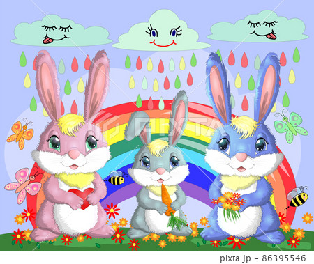 A family of three bunnies in the meadow near the rainbow. Mom, dad, baby. Spring, love, postcard A family of three bunnies in the meadow near the rainbow. Mom, dad, baby. Spring, love, postcard 86395546