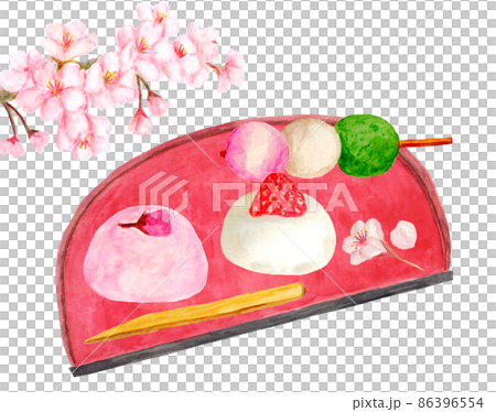 桜と春の和菓子水彩イラスト 86396554