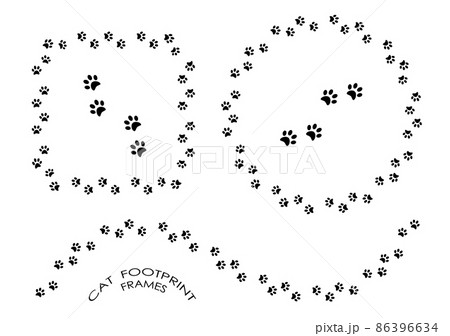 pads of cat paws frames. Animal paw prints on ground. Simple black and white vector isolated on white background 86396634