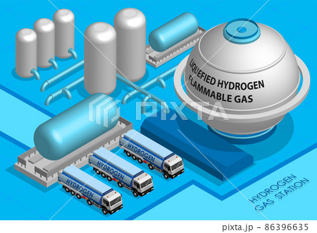 Isometric modern plant, factory for production of liquefied hydrogen. Gasoline tanker on hydrogen gas station. Cargo fuel truck with tank. Realistic 3D vector on blue back 86396635