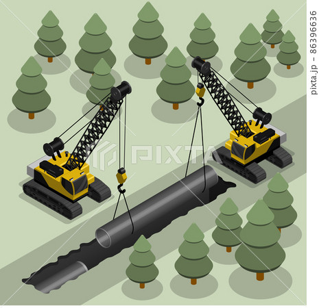 Isometric Heavy crane for moving heavy loads laying a gas pipeline in trench. Industrial machinery and equipment. Realistic 3D Vector Isolated on white back 86396636