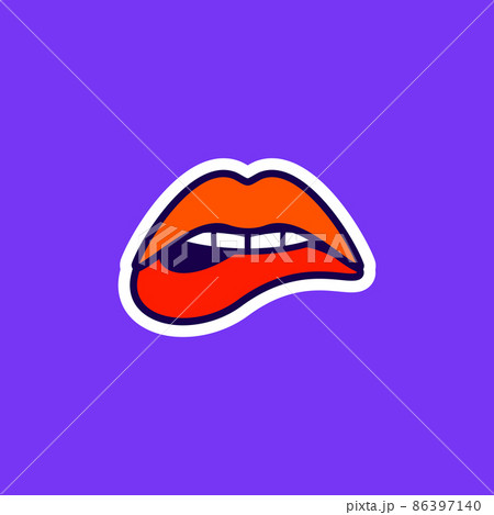 Womans sensuous lips, beautiful open mouth biting lip with lipstick, sticker in the pop art style Womans sensuous lips, beautiful open mouth biting lip with lipstick, sticker in the pop art style 86397140