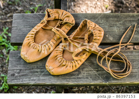 Leather bast shoes. Retro vintage natural shoes. Leather bast shoes. Retro vintage natural shoes. 86397153