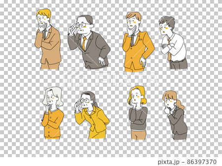 A set of businessmen of various ages who are paying attention to the side. Comical handwritten illustration of a person. 86397370