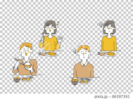 一組人吃飯健康和不健康的滑稽手寫人物插圖 86397391
