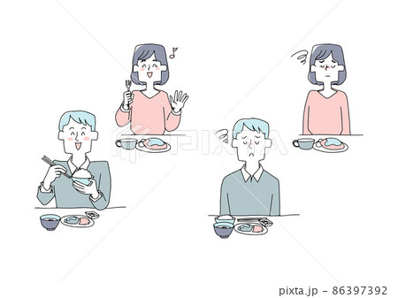 食事を摂っている人物のセット　健康と不健康　コミカルな手書きの人物イラスト 86397392