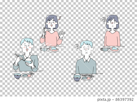 一組人吃飯健康和不健康的滑稽手寫人物插圖 一組人吃飯健康和不健康的滑稽手寫人物插圖 86397392