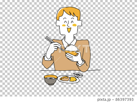 一個吃得很美味的人，一個可笑的手繪人物插圖矢量線畫與簡單的著色 86397393