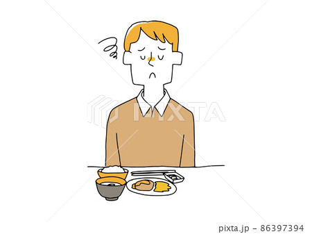 食事を食べない男性　コミカルな手書きの人物イラスト　ベクター線画にシンプルな色つけ 86397394