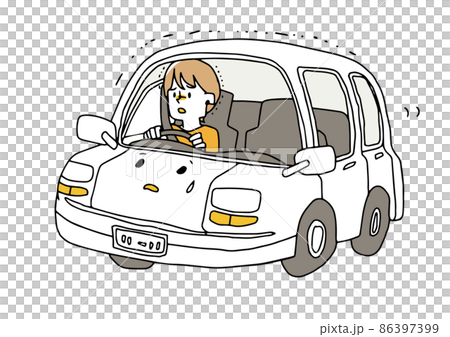 A woman driving with anxiety, a comical handwritten person illustration, and a simple coloring of a vector line drawing. A woman driving with anxiety, a comical handwritten person illustration, and a simple coloring of a vector line drawing. 86397399