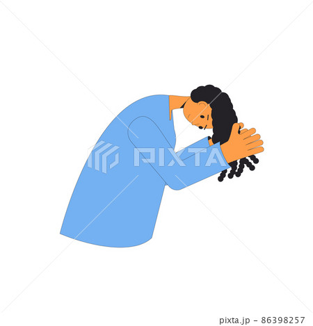 Young Woman Touching Her Dark Curly Hair And のイラスト素材