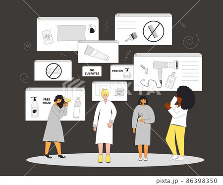 Curly girl method routine and tips. Differnt women with tools and hair cosmetics products for wavy, curl, coils, afro hairstyles. 86398350