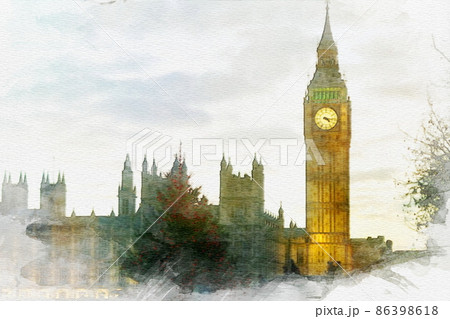 イギリス駅風景　 水彩画 イギリス駅風景 水彩画