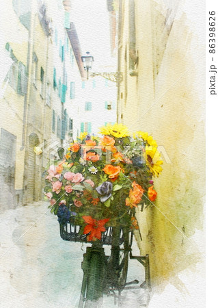 イタリア　フィレンツェの路地の花を積んだ自転車　水彩画風 86398626