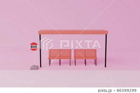 3DCG 屋根とベンチのあるバス停、ピンク背景 3DCG 屋根とベンチのあるバス停、ピンク背景 86399299