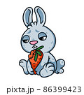 Sad little easter bunny with bitten carrot. Rabbit the symbol of 2023 lunar chinese new year. Hare with unhappy eyes and vegetable. Farm animal vector illustration isolated white background. 86399423