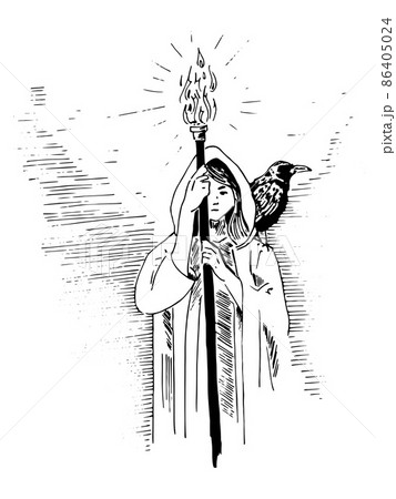 Young woman in a hooded cloak holds a burning torch. Raven on shoulder. Hand drawn vector illustration in sketch style. Young woman in a hooded cloak holds a burning torch. Raven on shoulder. Hand drawn vector illustration in sketch style. 86405024
