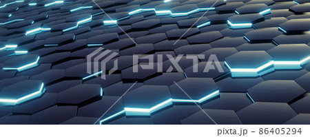 Black hexagon tiles turquoise glowing background 86405294