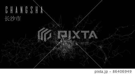 Changsha city province vector map poster. China municipality square linear road map, administrative municipal area. Changsha city province vector map poster. China municipality square linear road map, administrative municipal area. 86406949