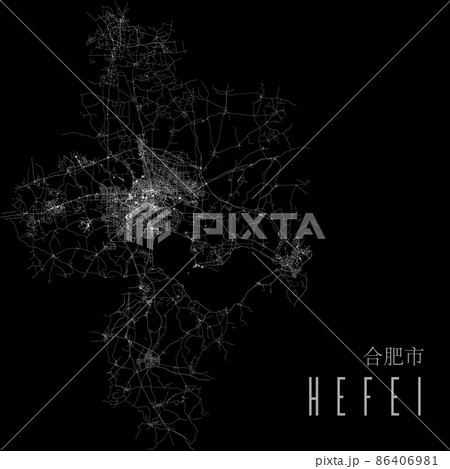 Hefei city province vector map poster. China municipality square linear road map, administrative municipal area. 86406981