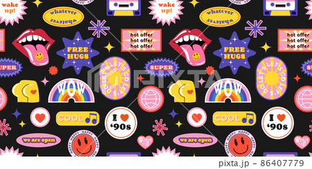 Seamless pattern with y2k trendy retro stickers with smile faces, cartoon comic label patches. Funky, hipster retrowave background. Vector illustration, 90s graphic design badges backdrop 86407779