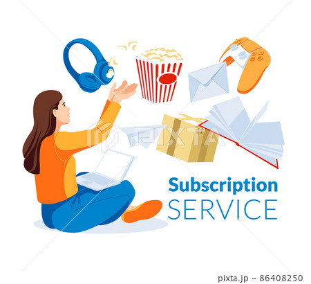 metaphor for subscription and delivery service. Happy attractive girl is sitting with a laptop. A group of large items: boxes, headphones, a book, popcorn, a game console, a paper airplane. Access to  86408250