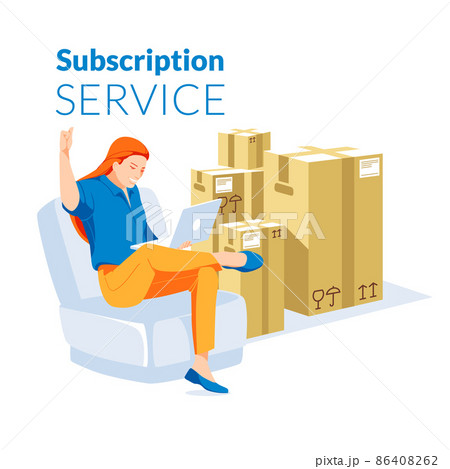 metaphor for subscription and delivery service. Happy attractive girl is sitting at home with a laptop. A group of large paper boxes in the background. Flat vector illustration. metaphor for subscription and delivery service. Happy attractive girl is sitting at home with a laptop. A group of large paper boxes in the background. Flat vector illustration. 86408262