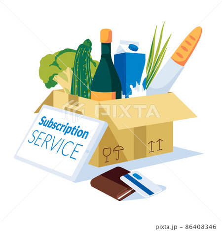 metaphor for subscription and product delivery service. A box with products, a tablet for ordering online, a wallet, a bank card. Access to various products is open. Flat vector illustration. 86408346
