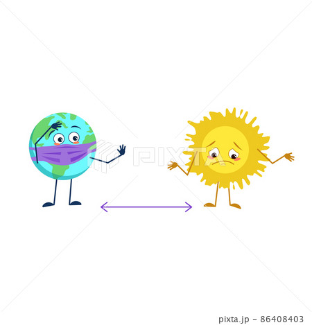 Cute planet earth character with mask keeps distance from sad sun isolated on white background. A confused or sad hero, a symbol of danger, weather and space. Vector flat illustration 86408403