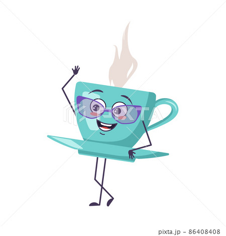 Cute cup of tea character with glasses and joyful emotions, smiling face, happy eyes, arms and legs. A mischievous mug with a saucer for a cafe. Vector flat illustration 86408408