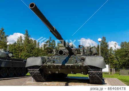 Russia. Leningrad region. September 10, 2021. T-80 tank near the museum-panorama of the Breakthrough of the siege of Leningrad. Russia. Leningrad region. September 10, 2021. T-80 tank near the museum-panorama of the Breakthrough of the siege of Leningrad. 86408478