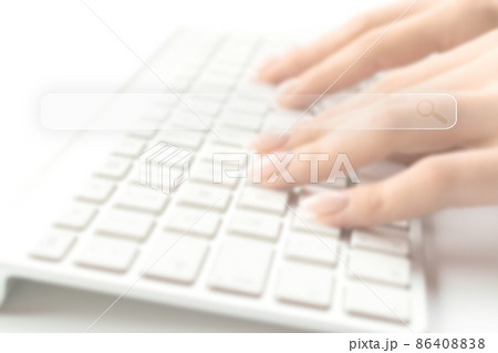 Searching internet. Online website search engine selective focus. Blured hands using computer for searching browsing internet data information networking concept. 86408838
