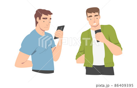 Disappointed with Bad News Man Character Reading Message on Smartphone Vector Illustration Set 86409395