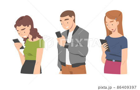 Disappointed with Bad News Man and Woman Character Reading Message on Smartphone Vector Illustration Set 86409397