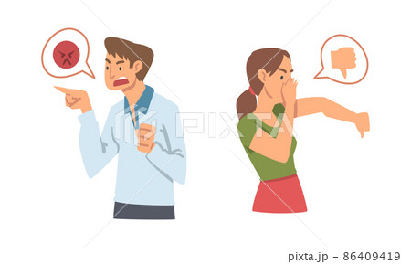 Young Angry Man and Woman Character Expressing Discontent in Social Media with Thumb Down and Angry Emoji Face Vector Illustration Set 86409419