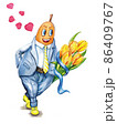 Hand drawn watercolor card with a cartoon character and a bouquet of tulips. 86409767