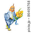 Hand drawn watercolor card with a cartoon character and a bouquet of tulips. 86409768