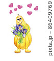 Hand drawn watercolor card with a cartoon character and a bouquet of crocus. 86409769