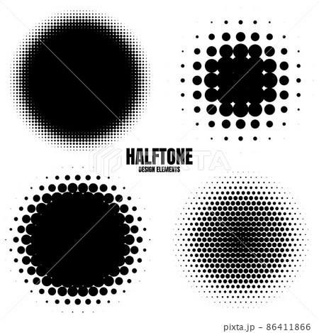 Circle halftone design elements with black dots isolated on white background. Comic dotted pattern 86411866